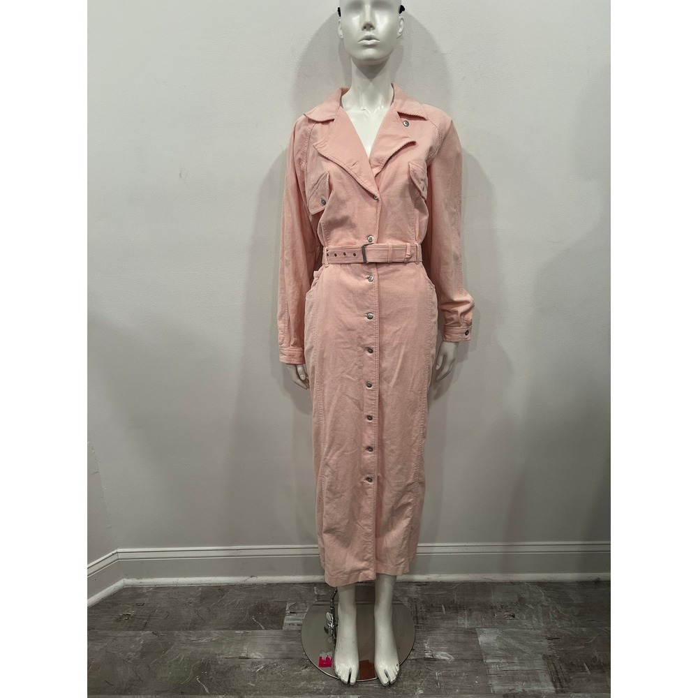 Vintage QPS Womens Long Dress Pink Corduroy Button Down Cargo Belted SZ 6T 80s